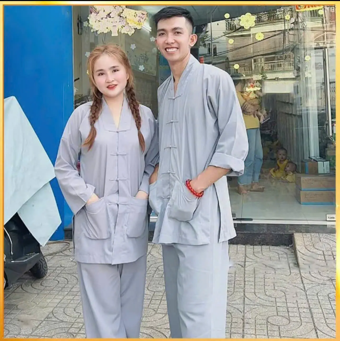 Bộ Lam Đi Chùa Nữ- Bộ Trang Phục Truyền thống La Hán Phật Tử Vải Kate Cao Cấp Kết Hợp Nút Thắt Bằng Tay