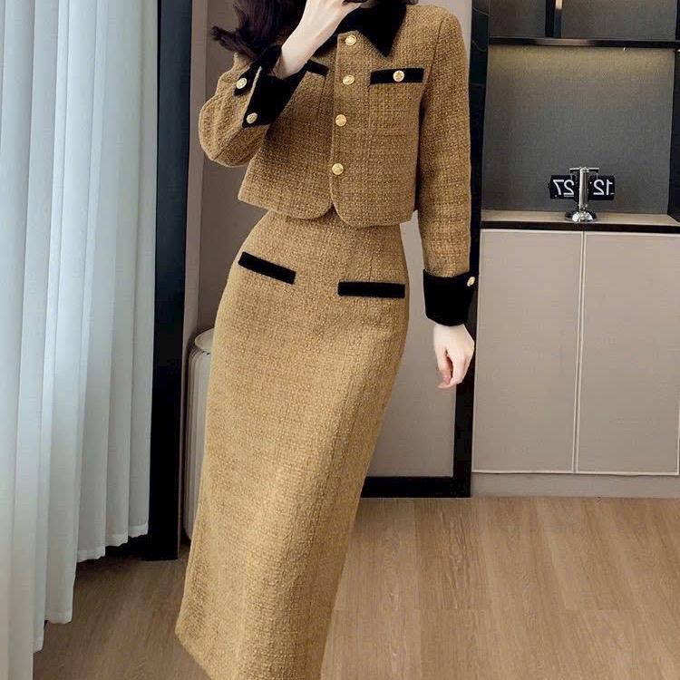  Sét Dạ Phối Nhung Cổ Sơ Mi Chân Váy Dài Cao Cấp _D1 Women Nữ Nâu Top Bộ dạ thu đông 