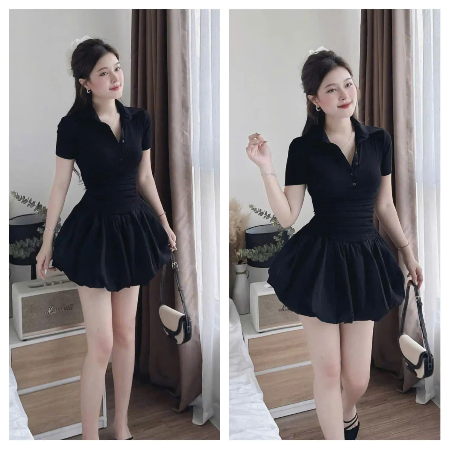 Đầm Váy Nữ Body Ôm Cổ Bẻ Cài Nút Phối Tùng Xòe Sang Chảnh, Cá Tính Top Women