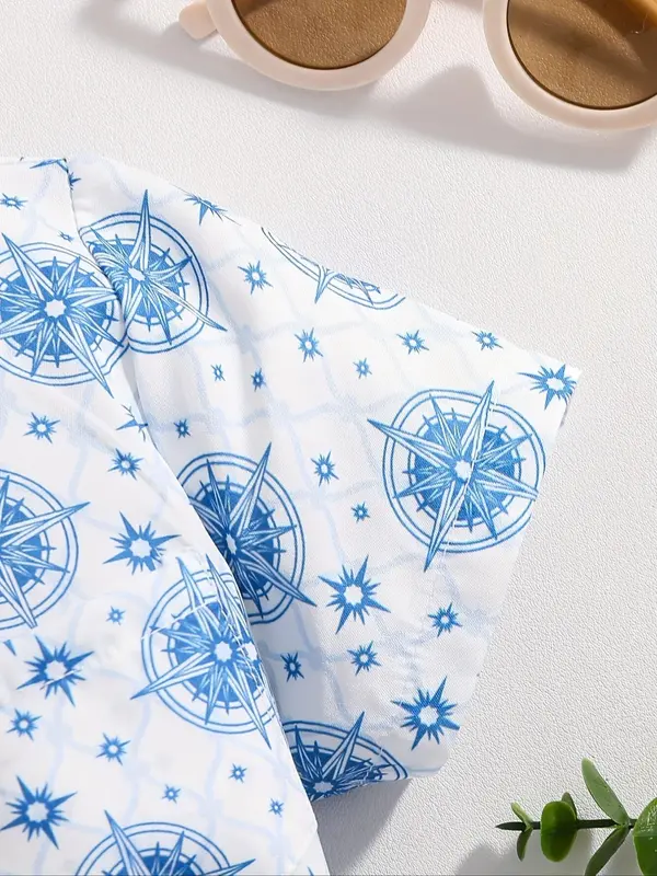 Toddler Boy's Geometric Print Short Sleeve Shirt & Bow Tie & Belt & Shorts Four-Piece Set, Casual Summer Clothes for Kids 3