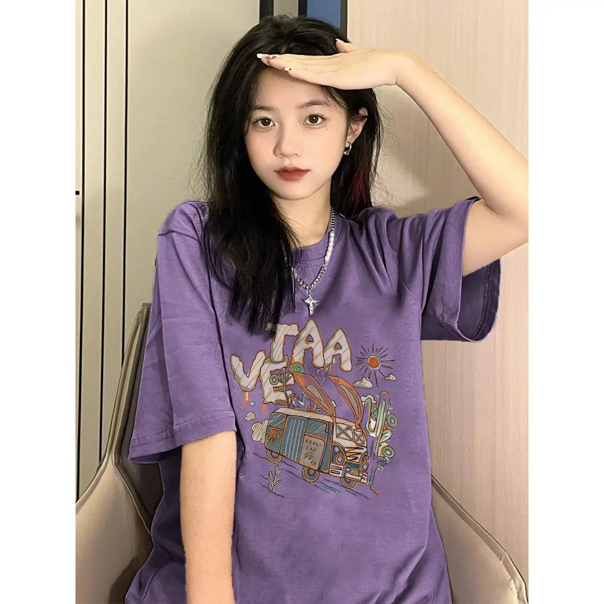 Áo Thun Cotton Nguyên Chất ngắn Tay Màu Tím, Vai Thường Dành Cho Nữ, Phong Cách Mới Mùa Hè 2024, Áo Thun Tay Lửng Dáng Rộng Vừa Vặn