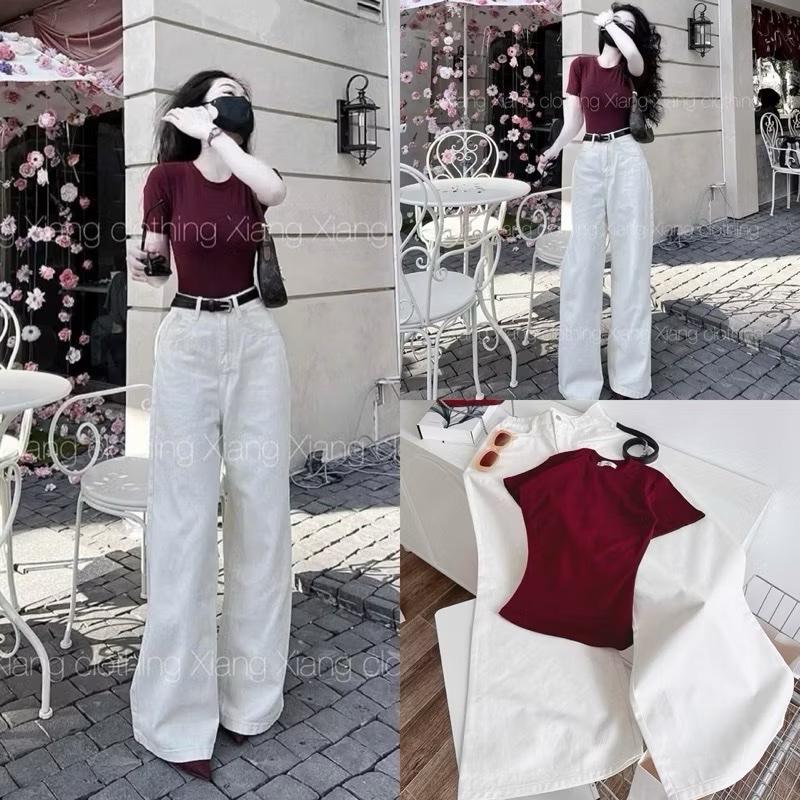 Set bộ áo babytee đỏ đô mix quần jean ống rộng trắng