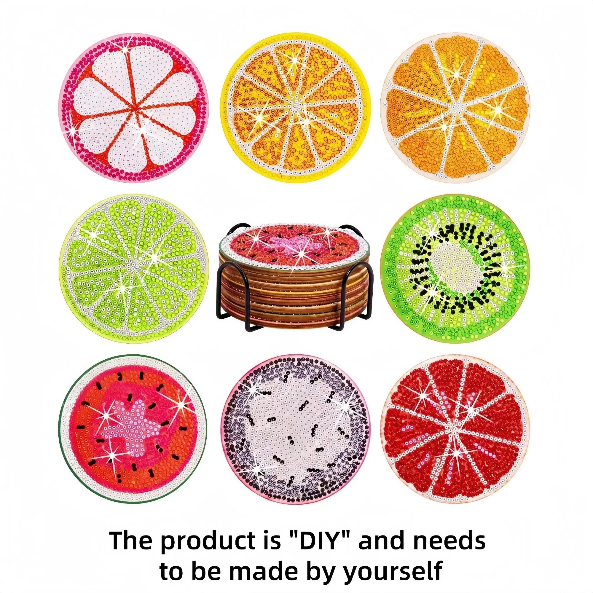 Artificial Diamond Art Coaster, 8 Counts/set Fruit Pattern Diy Diamond Arts Colorful Painting Coaster with Stand, Diy Decorative Craft for Home Office Coffee Table, Toy, Handcraft