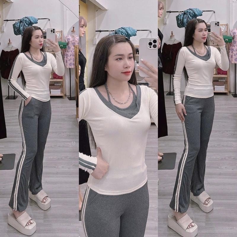 Đồ bộ nữ TT CỘT NƠ YẾM NỀN KEM QUẦN LOE + QUẦN DÀI ÔM SỌC gân tâm lạnh (dưới 65kg) women top