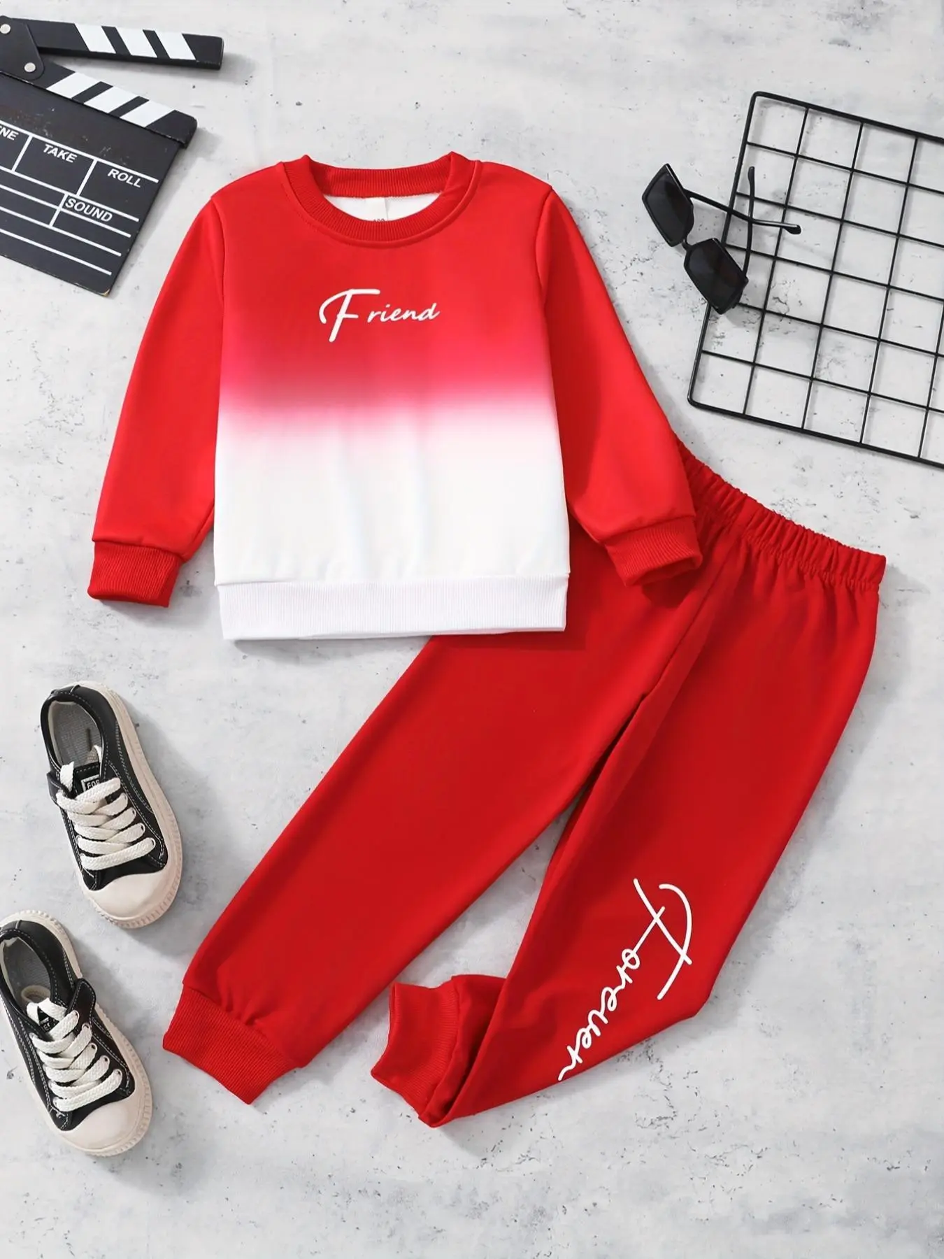 Toddler Boy's  Letter Print Sweatshirt & Elastic Waist Pants Set, Long Sleeve Pullover & Jogger Pants, Monogrammed Gradient Top Red Pants 3-10 Years Old Boys