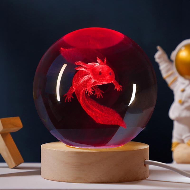 3D Crystal Glass Ball Night Light, USB Powered Amphibious Axolotl Design Decorative Light, Desk Ornament Light For Bedroom Living Room Decor 0