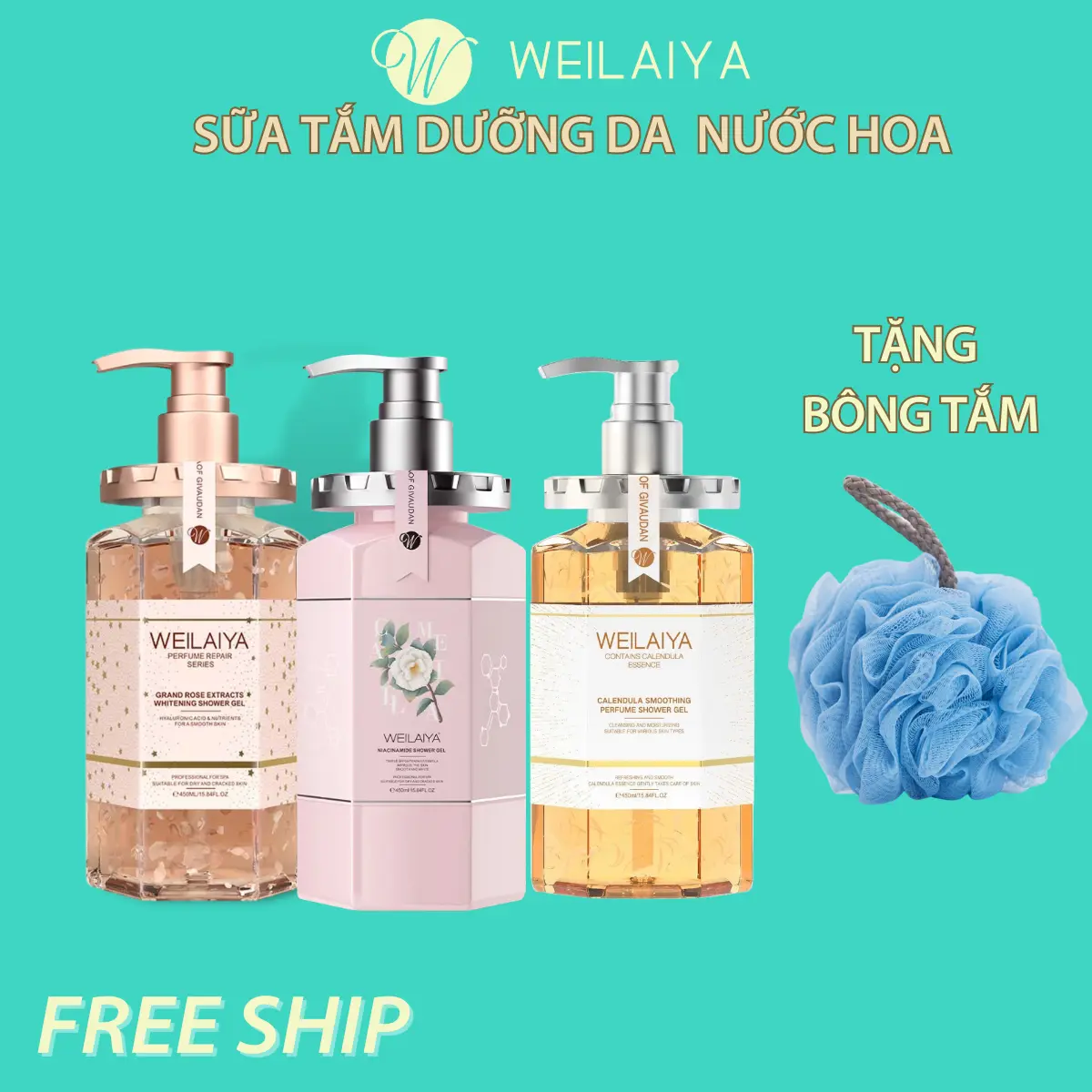 Sữa tắm dưỡng da body hương nước hoa Weilaiya, Dưỡng Body 450ml [Tặng bông tắm]