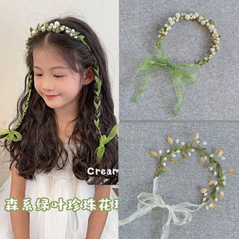 Vòng hoa lá ngọc trai Xanh Lá cho bé gái, dây buộc tóc phong cách Mori, công chúa, tinh tế, ngọt ngào, thủ công, thanh lịch, phụ kiện bím tóc, mũ đội đầu
