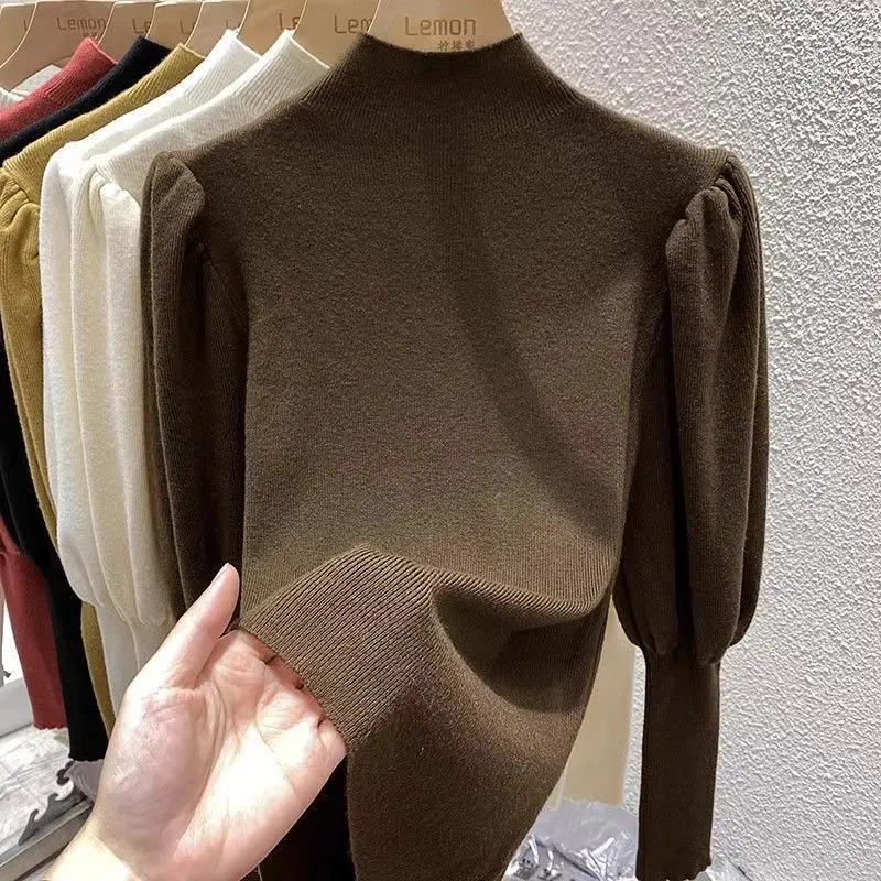 Bubble Sleeve Top Women's Autumn and Winter Retro Sweater with Semi-turtleneck Long-sleeved Knitted Sweater