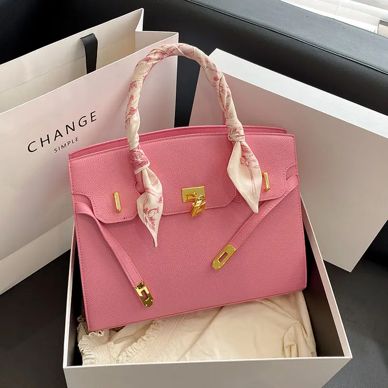 [Store Hot Sale] Litchi Pattern Birkin Bag Female 2024 New Large Capacity Portable Tote Bag Fashion All-Match Shoulder Messenger Bag Wedding Bag