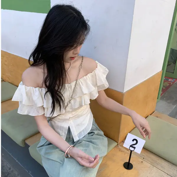 Áo Cropped Ngắn Vừa Vặn, Phong Cách Mùa Hè, Thường Ngày Và Ngọt Ngào, Thời Trang, Dễ Phối Đồ, Phong Cách Hàn Quốc, Màu Mơ, Trễ Vai, Màu Trơn Áo Sơ Mi Ngắn Tay, Dành Cho Nữ