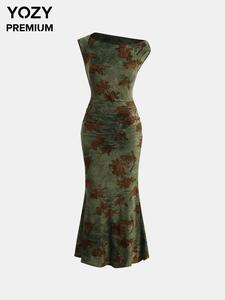 YOZY Women's Floral Pattern Asymmetrical Neck Dress, Casual Dress for Daily Wear, Ladies Clothes for All Seasons