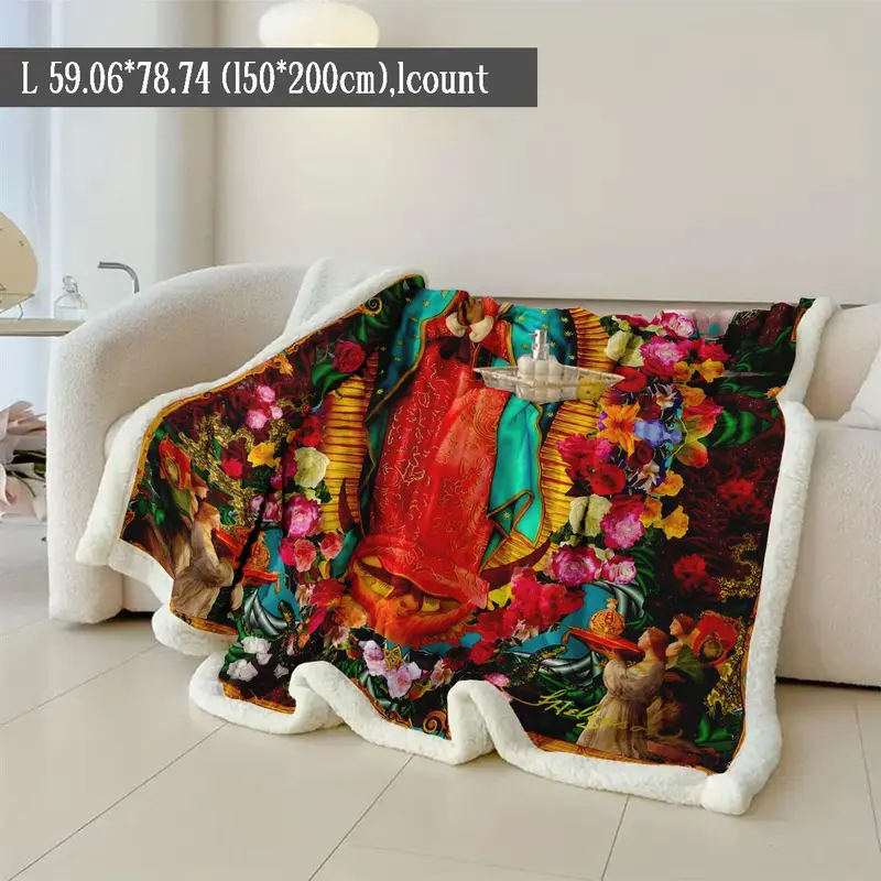 Floral & Virgin Mary Pattern Blanket, 1 Count Soft Warm Throw Blanket, Air-conditioned Room Blanket, Warm Nap Blanket for Home & Office 4
