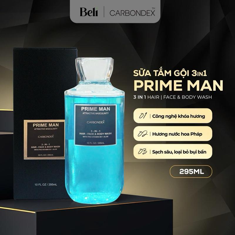 Sữa tắm, Dầu gội, Sữa rửa mặt cho Nam Carbondex PRIME MAN 3in1, 295ml. Hương nước hoa lôi cuốn lưu hương 3h-4h. Làm sạch sâu.