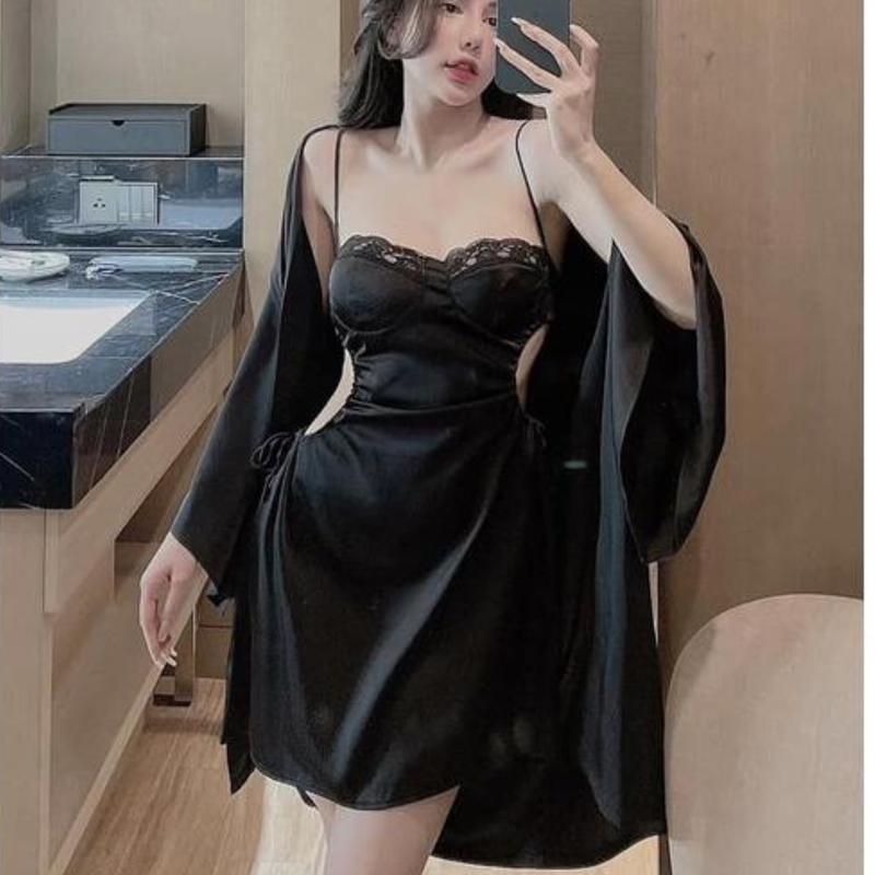 lụa latin cao cấp - Đầm 2 Dây Cúp Ngực Rút Eo Kèm Áo Choàng Tay Loe Rộng Lụa Latin Siêu Sang Freesize Hàng thiết kế cao cấp Nữ Kem áo liền quần trắng + áo ngoài draped váy ngủ Women