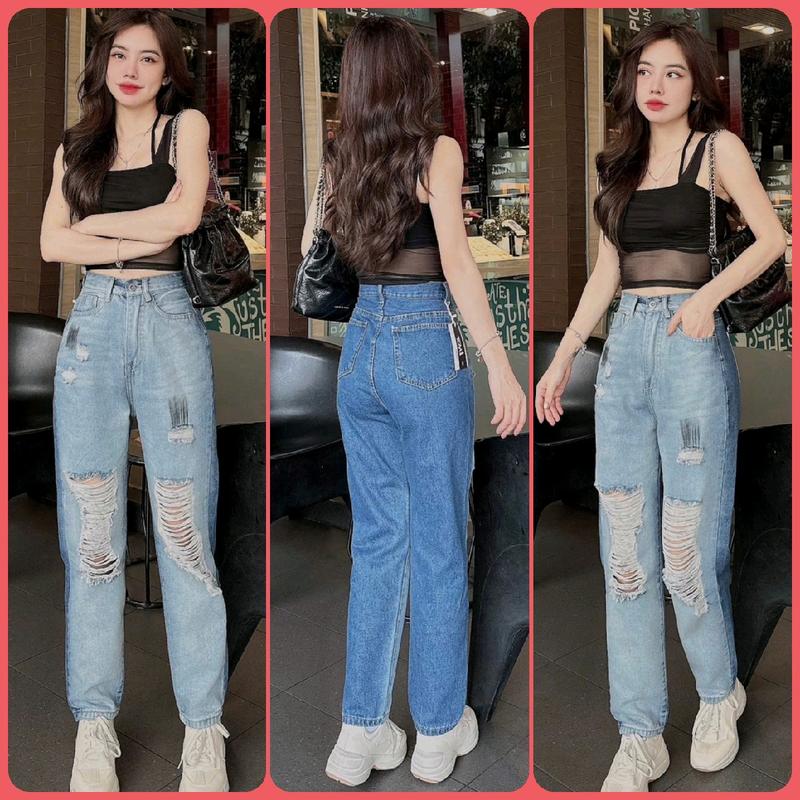  Quần Baggy Jeans Nữ Lưng Cao Rách 2 màu như hình quần dài 95cm. 3423 