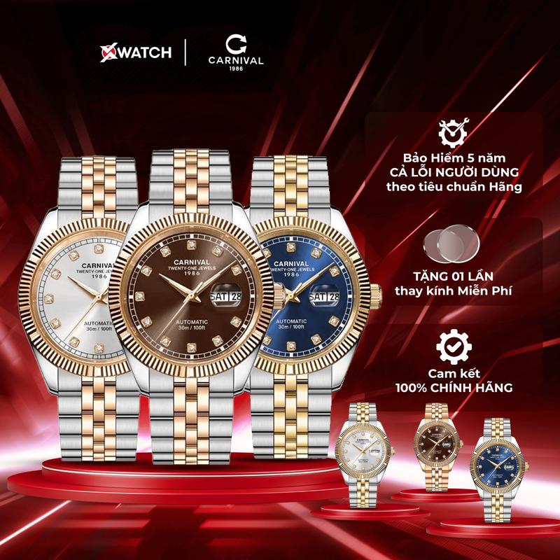 Đồng hồ nam đeo tay Carnival 8131G-CV máy Automatic, dây kim loại, vỏ thép không gỉ mạ vàng cao cấp, kính Sapphire, lịch ngày, lịch thứ, dạ quang chính hãng