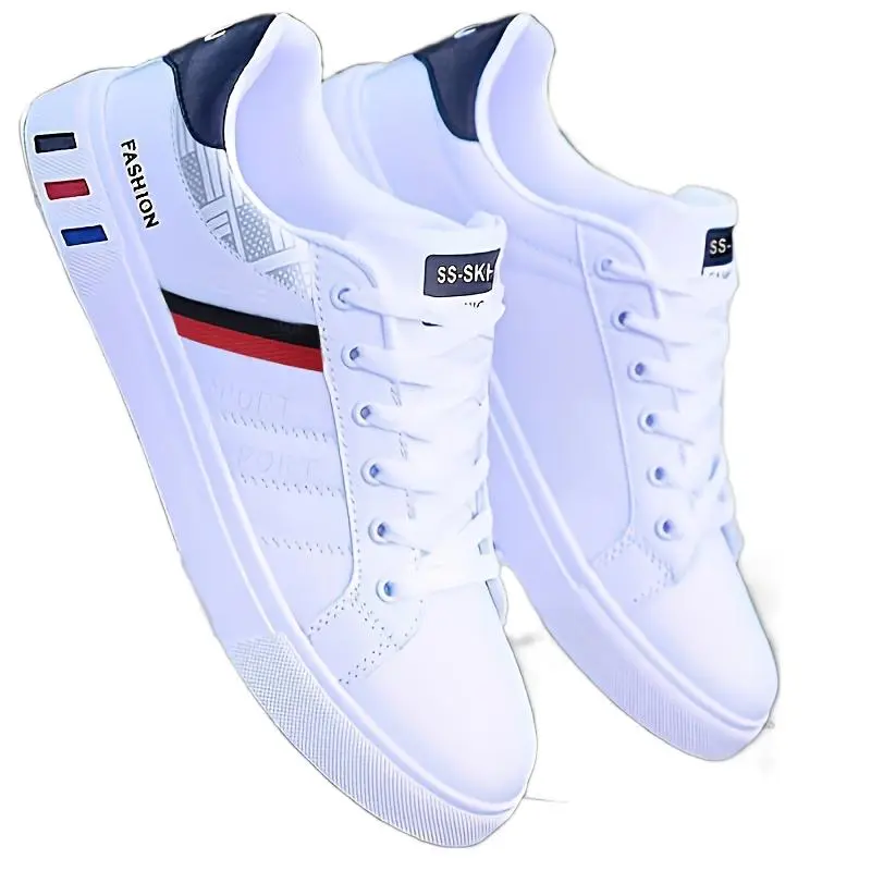 Men's Lace-up Skating Sneaker-White with Blue and Red Stripe Design, Breathable PU Upper, Durable PVC Shoe Sole, Comfortable Casual Shoes, Suitable for Casual Wear