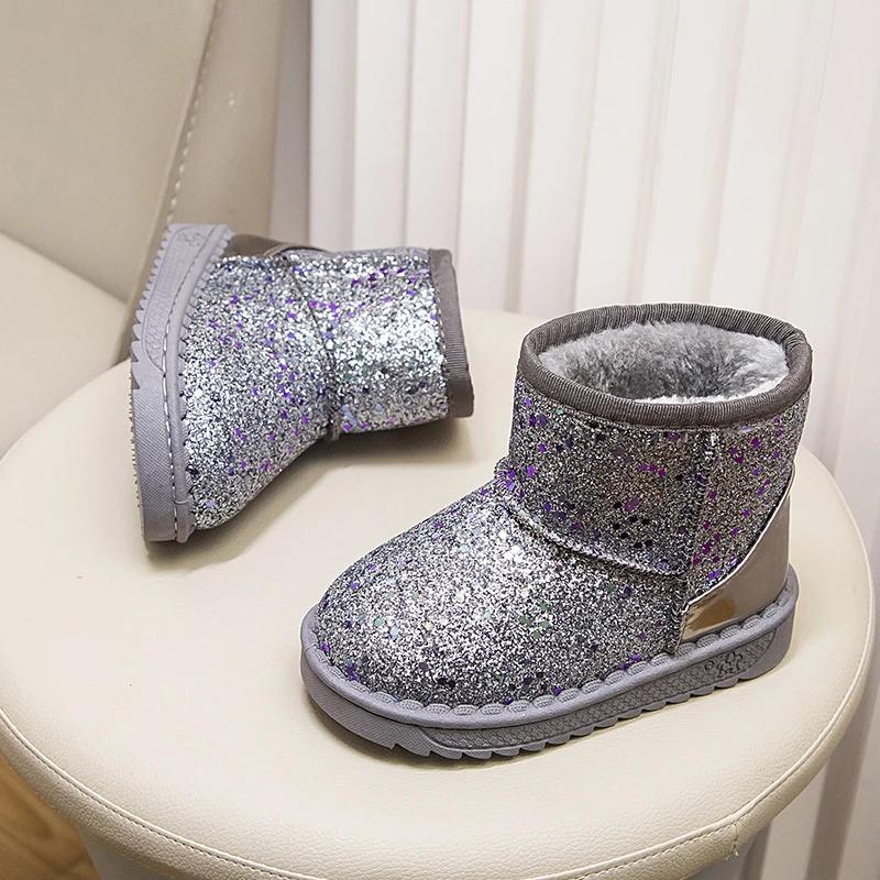 Product Introduction of Winter Girl's Snow Boots Glimmer Three Colors Thick Fur Kids Short Boot Warm Beautiful Stylish Slip-on Children Shoes 25-36 18