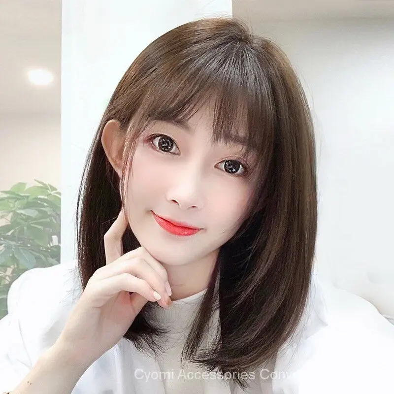 Original 35 Cm Wig for Women Human Hair True Hair Washable Short Hair with Bang Brown/Suitable for Any Face Shape and Any Skin Tone Natural Short Hair Wig for Women