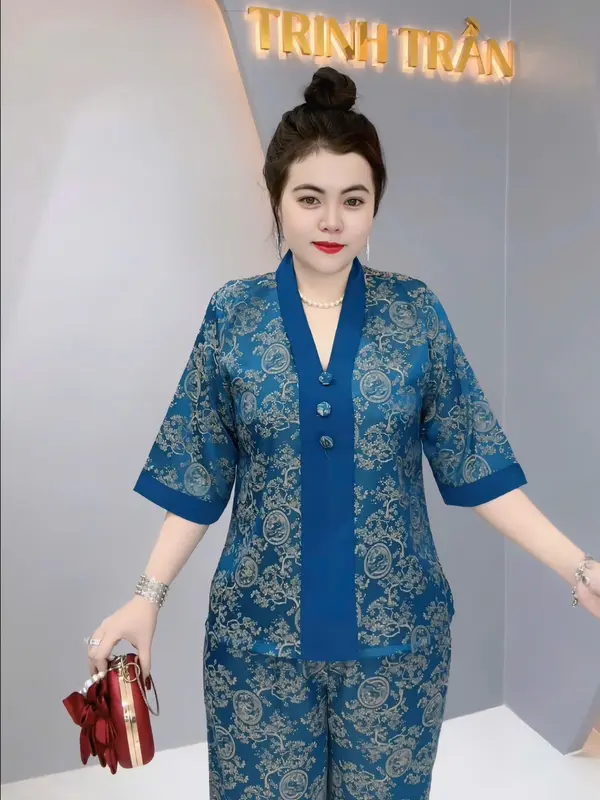 Bộ BÀI LAI GẤM NÚT BỌC tay lỡ quần dài, bộ gồm 2 món áo và quần. 8