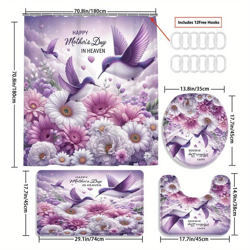 Product Introduction of Flower Pattern Bathroom Decorations, 4 Counts/set Including Shower Curtain & Toilet Lid Cover & Mat & U-shaped Mat, Bathroom Decor Supplies 1