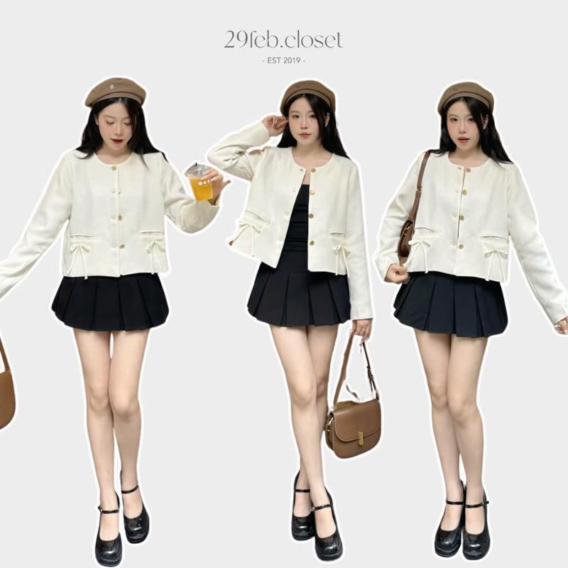 Áo khoác Blazer nữ dáng lửng croptop cổ tròn 29feb.closet chất dạ text thời trang thu đông - A475 Jacket Women Bò
