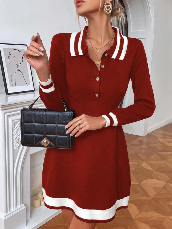 Women's Colorblock Striped Print Button Front Sweater Dress, Casual Long Sleeve Collared A Line Dress for Fall & Winter, Women's Knitwear for Daily Wear 4