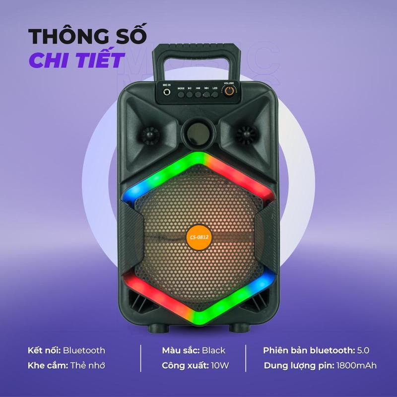 [Có kèm mic] Loa bluetooth CS-0812-BLACK âm thanh sống động, thiết kế đẹp, có đèn led nhấp nháy theo nhạc, hát hay và ấm