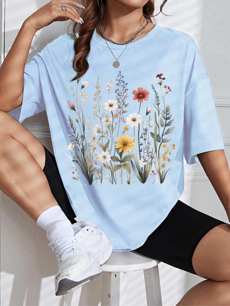 Product Introduction of Women's Floral Print Round Neck Tee, Casual Drop Shoulder Short Sleeve T-shirt, Ladies Summer Clothes, Tops for Women, Clothing 12