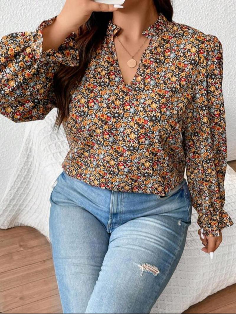 Product Introduction of Plus Size Ditsy Floral Print Notched Blouse, Elegant Flounce Sleeve Top, Women's Plus Clothes for Daily Wear 15