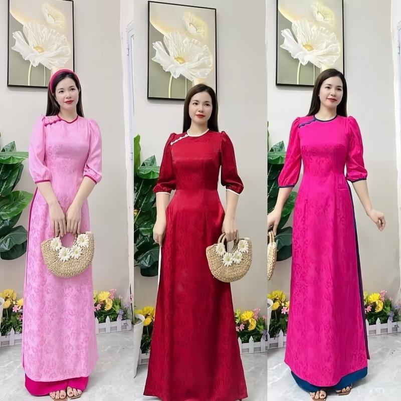 Product Introduction of Áo dài gấm lụa kim cương,phom dáng ôm,thiết kế cổ tròn ,tay bồng điệu đà,trẻ trung. Áo dài Hoài Thu Nữ Women trang phục truyền thống 2