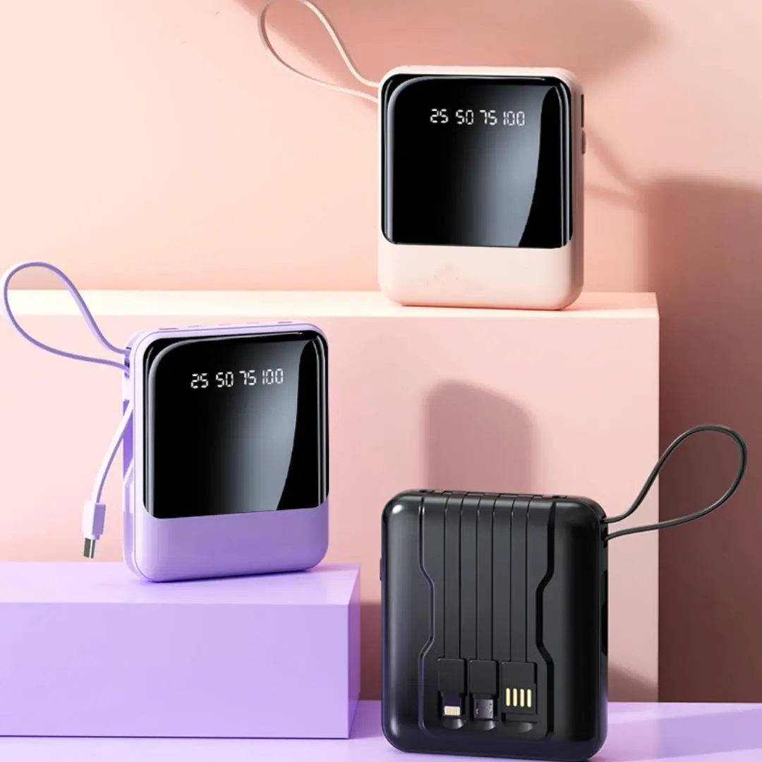 10000mAh Portable Power Bank, USB Rechargeable Power Bank with Detachable Data Cable, Mini Mobile Power Bank Compatible with iPhone Samsung Android Huawei