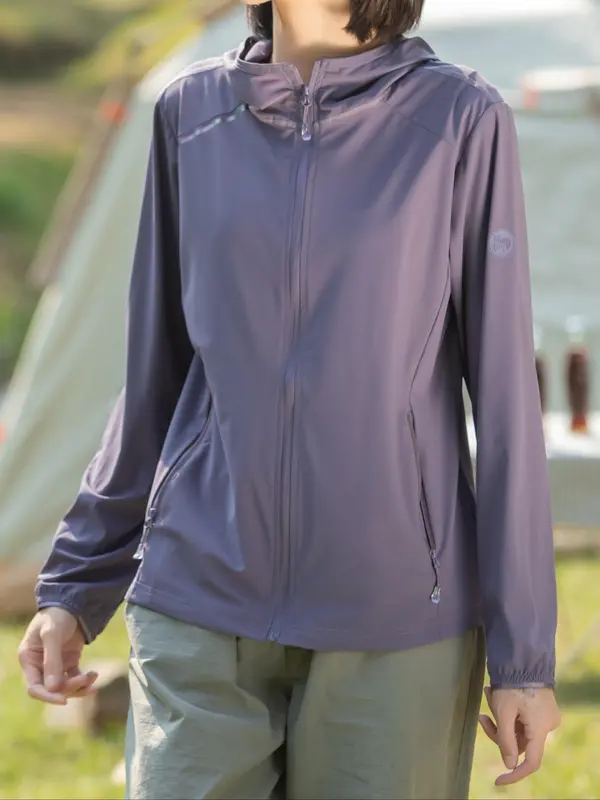 Women's Solid Color Ice Silk Zip Pocket Hooded Jacket, Casual Long Sleeve Sun Protection Jacket for Outdoor Activities, Ladies Sportswear for Spring & Fall 2