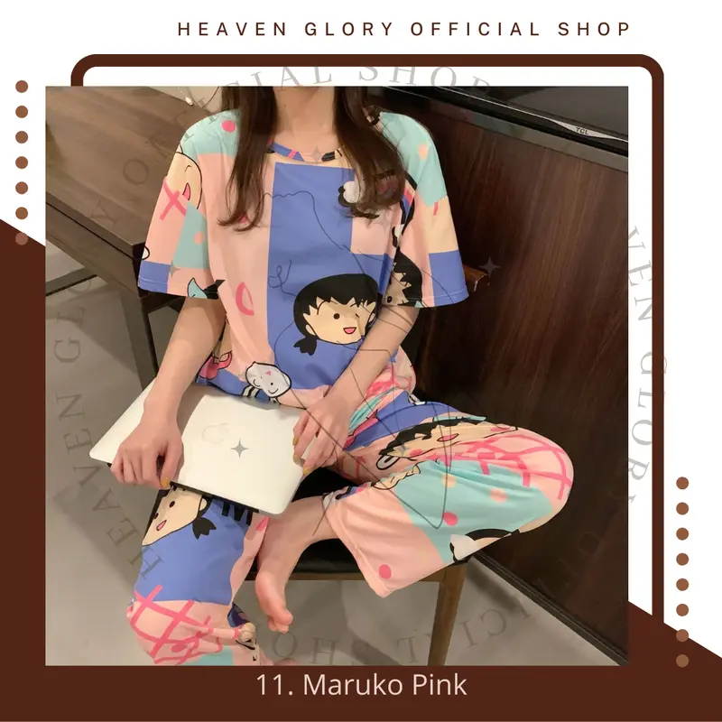 Glory Set CP | Piyama Pajama | Baju Tidur Set | Baju Rumah Set | Piyama Wanita Set Polyester Celana Panjang Pendek Fit 2