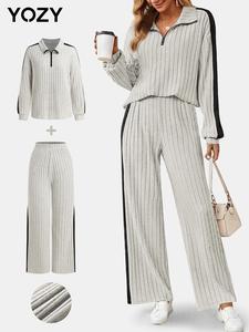 YOZY Women's Side Striped Print Ribbed Zipper Top & Pants Two-piece Set, Casual Drop Shoulder Long Sleeve Top & Trousers Two Piece Set for Fall & Winter, Women's Clothes for Daily Wear