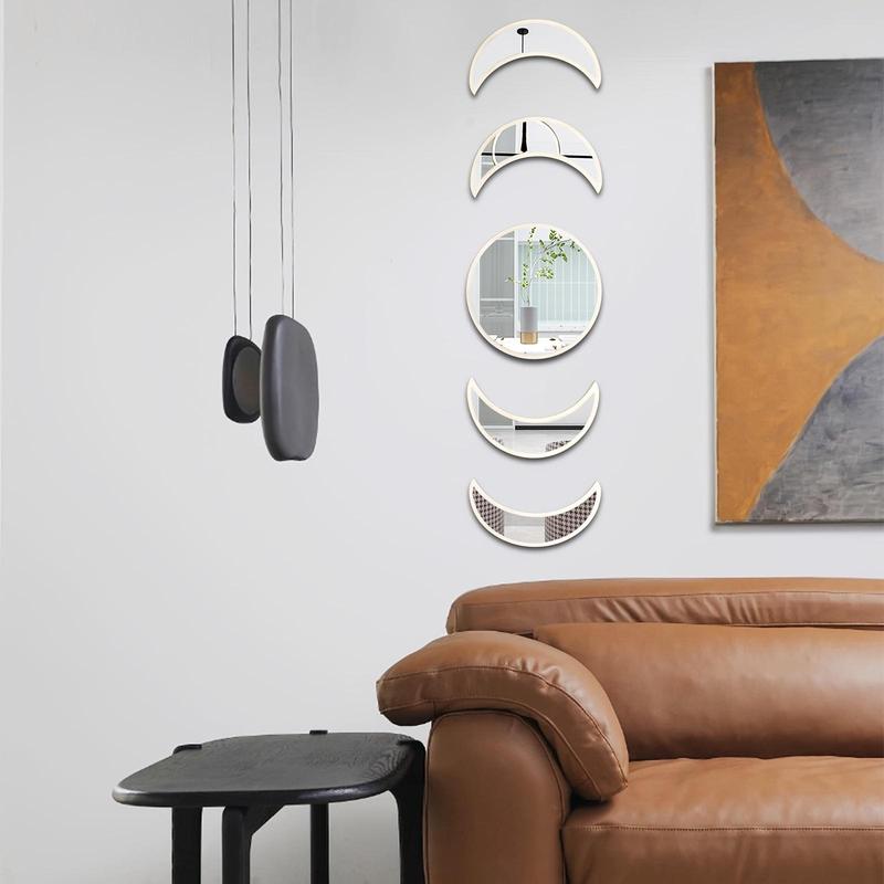 Product Introduction of Moon Phase Mirror Wall Sticker, 5 Counts/set Self Adhesive Removable Wall Decal, Decorative Sticker for Home Living Room Bedroom, Ornaments 3