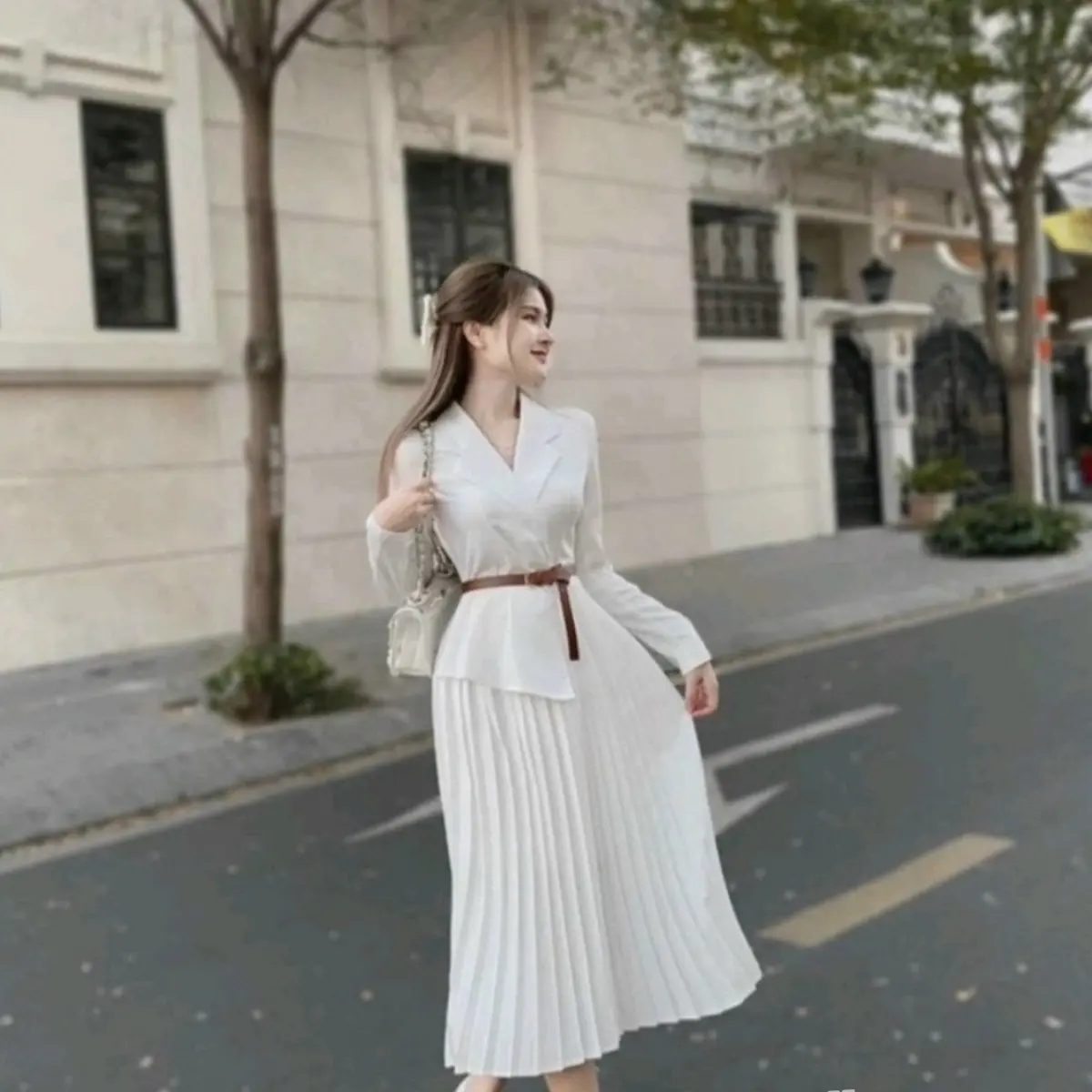 Đầm áo vest tay dài mix chân váy dập ly Nữ