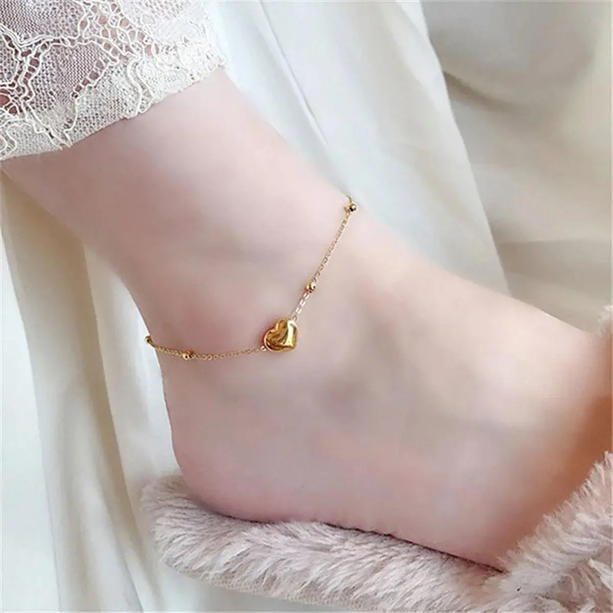 Lắc Chân Hình Trái Tim, Làm Bằng Thép Titan, Dành Cho Nữ, Thời Trang Hàn Quốc, Vòng Tay