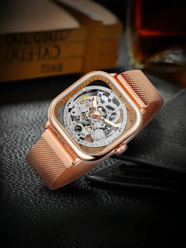 Men's Business Fashion Skeleton Mechanical Watch, Fashion Watch for Party, Daily Clothing Decor, Trendy All-match & Exquisite Watch for Birthday Gift with Box 0