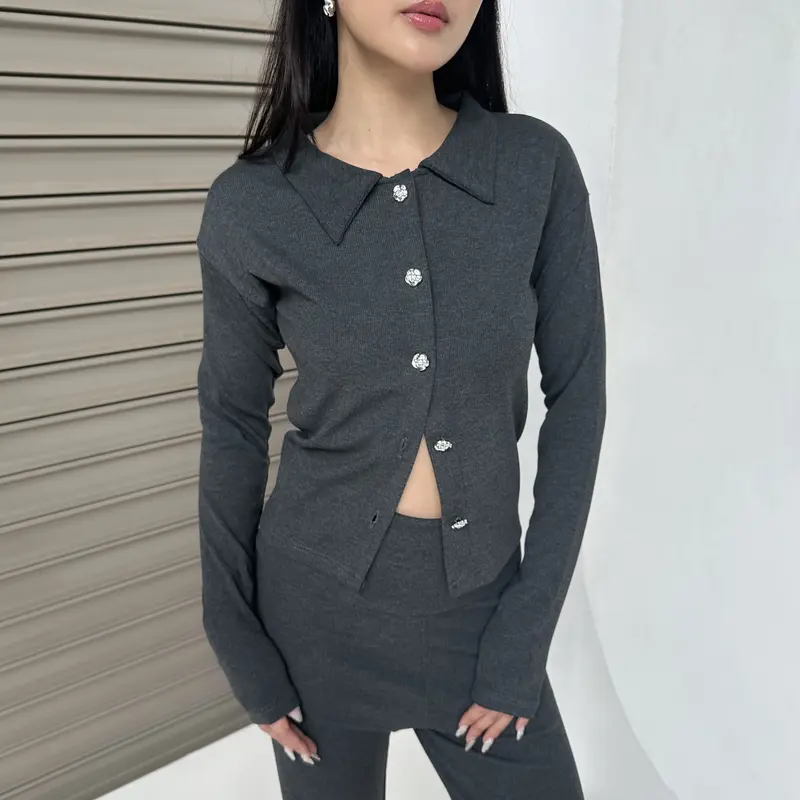 LIMO TOP - Atasan Knit Wanita Outer Lengan Panjang Cardigan Sweater Basic Korean Polo Top Baju Ribbed Knit Kancing Rib Long Sleeve Posha 1