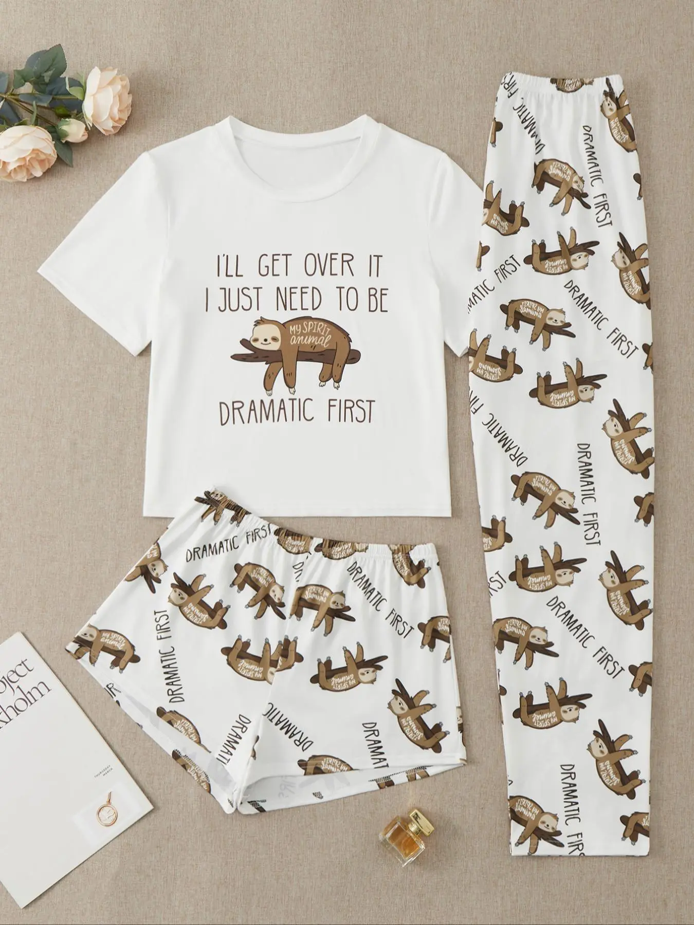 Three-Piece Set Women's Cute Cartoon Sloth Print Tee & Shorts & Pants Pyjama Set, Casual Comfy Crew Neck T-Shirt & Shorts & Trousers PJ Set, Summer Clothes Women, Summer Outfits 2024, Summer Friday Set Loungewear Pajamas