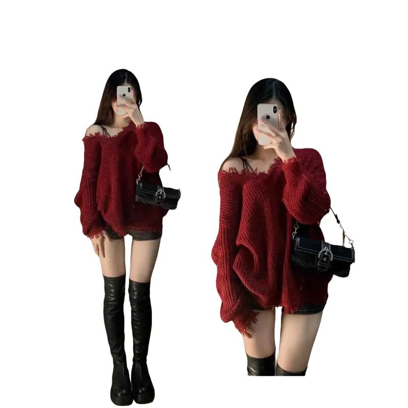 áo len nữ kiểu đẹp,áo len nữ kiểu đẹp,áo sweater trễ vai, vạt Áo Len Đỏ Giáng Sinh, Phong Cách Cổ Điển Dành Cho Nữ, Mùa Thu Và Mùa Đông, Dày Dặn, Phong Cách Thường Ngày Dáng Rộng Vừa Vặn, Cổ Chữ V, Áo Len Mặc Bên Ngoài, Thời Trang Ins Women Top áo  len có