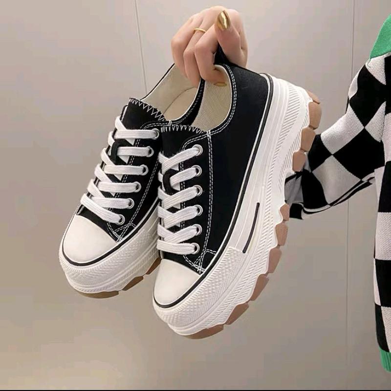 Giày QCCC full box size 36-43, cổ thấp màu đen đế nâu răng cưa (phom bé đi tăng 01 size)  Mũi tròn Đế phẳng Mùa hè Mùa đông Sneaker Vải Canvas Cao Su Đế Bằng Shoes Nam