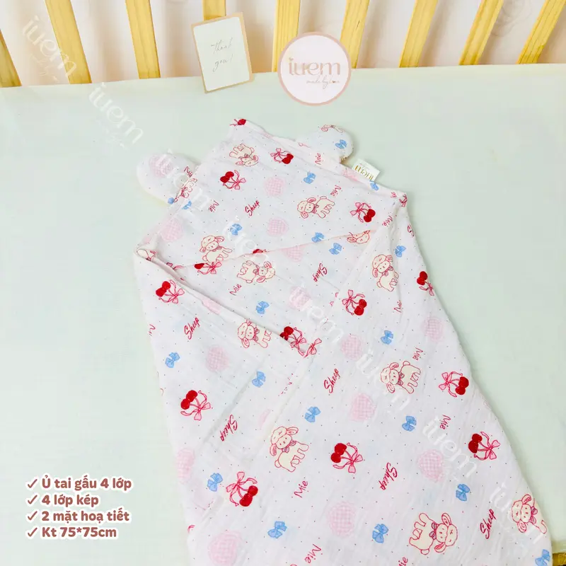iuem Ủ choàng tai gấu kích thước 75*75cm, 4 lớp kép,  quấn ủ bảo vệ cho bé sơ sinh, ủ mềm mát, nhẹ thoáng, kết hợp làm khăn tắm cho bé 1