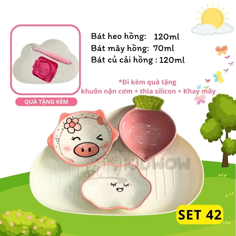 [TẶNG THÌA SILICON+ KHUÔN CƠM+ KHAY MÂY] Bộ Bát Sứ Ăn Dặm Cho Bé Siêu Đáng Yêu 7