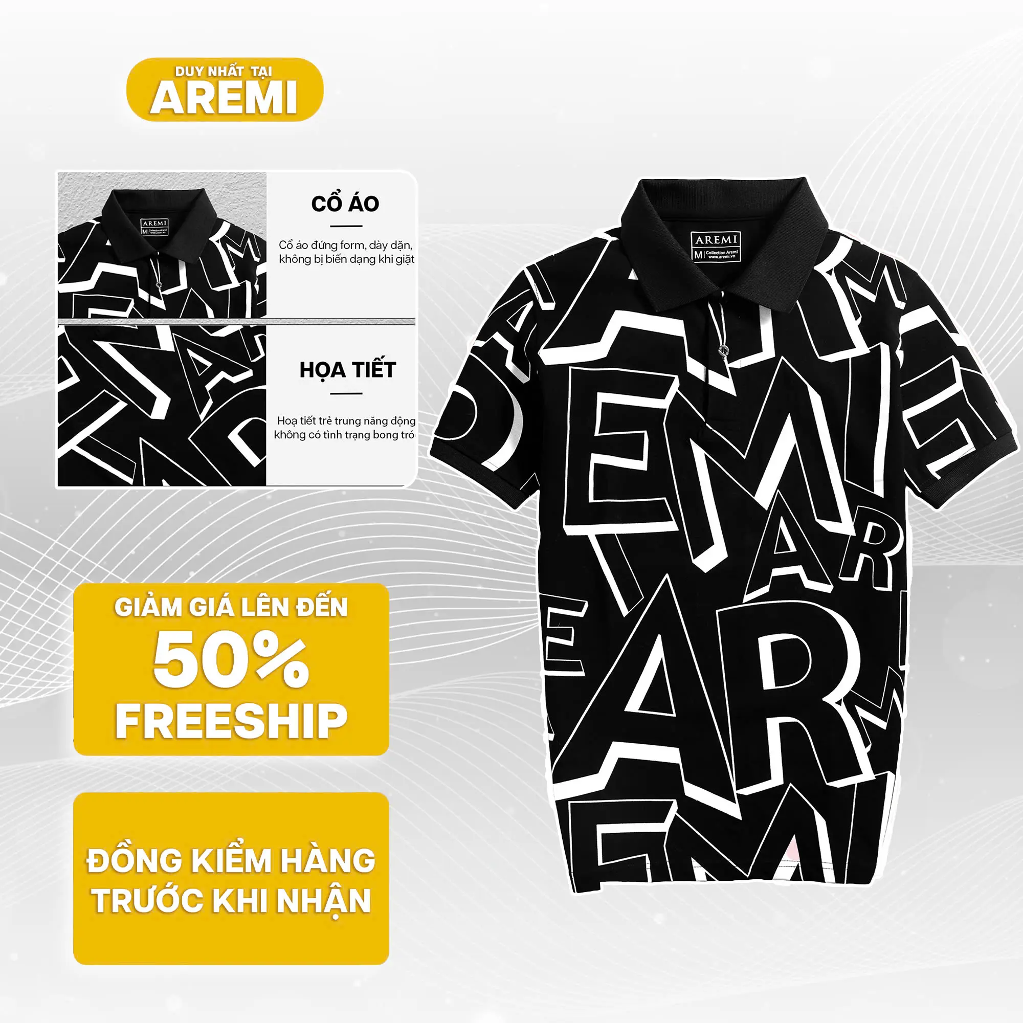 Áo thun polo nam ngắn tay có cổ AREMI thiết kế sang trọng phong cách trẻ trung vải cá sấu cotton APL0009 Menswear Top Cộc Tay