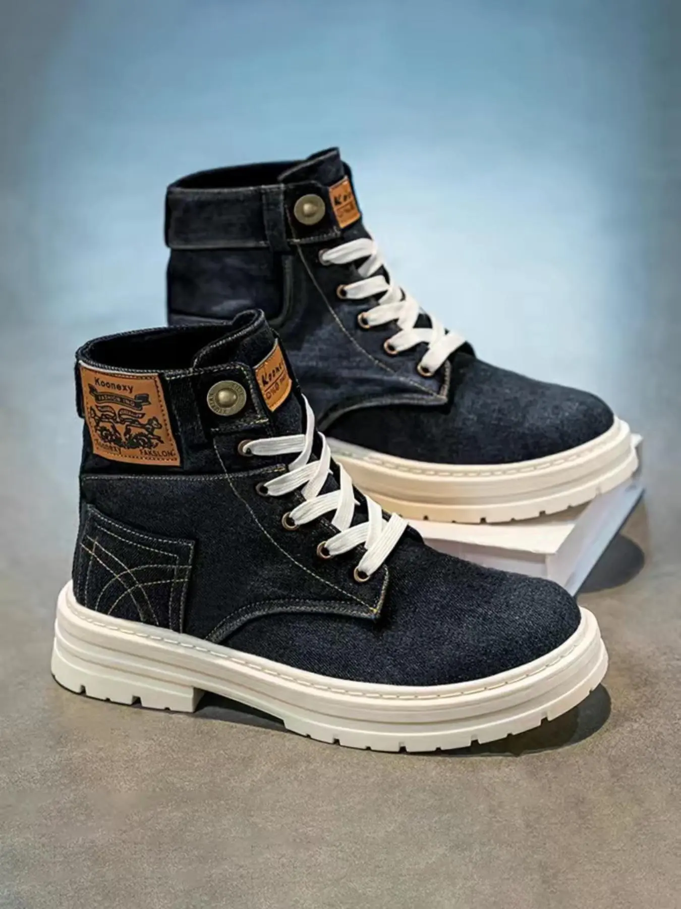 Men's Fashionable Denim Canvas Boots, Casual Comfortable Lace Up Front High Top Sneakers for Daily Wear, Male All-match Round Toe Shoes for Daily Wear
