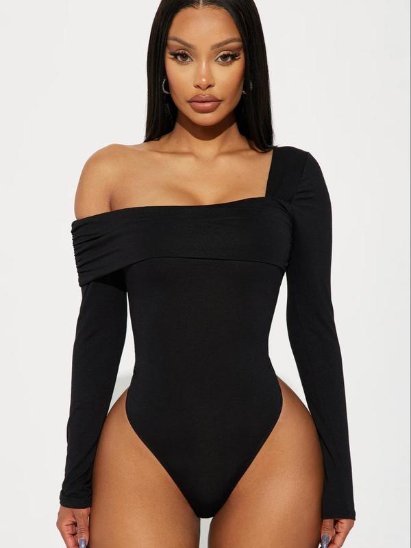 Women's Solid Color One Shoulder Bodysuit, Casual Plain Tight Long Sleeve Bodysuit for Spring & Fall, Gyatt Bodysuit, Women's Clothes for Daily Wear Outdoor 0