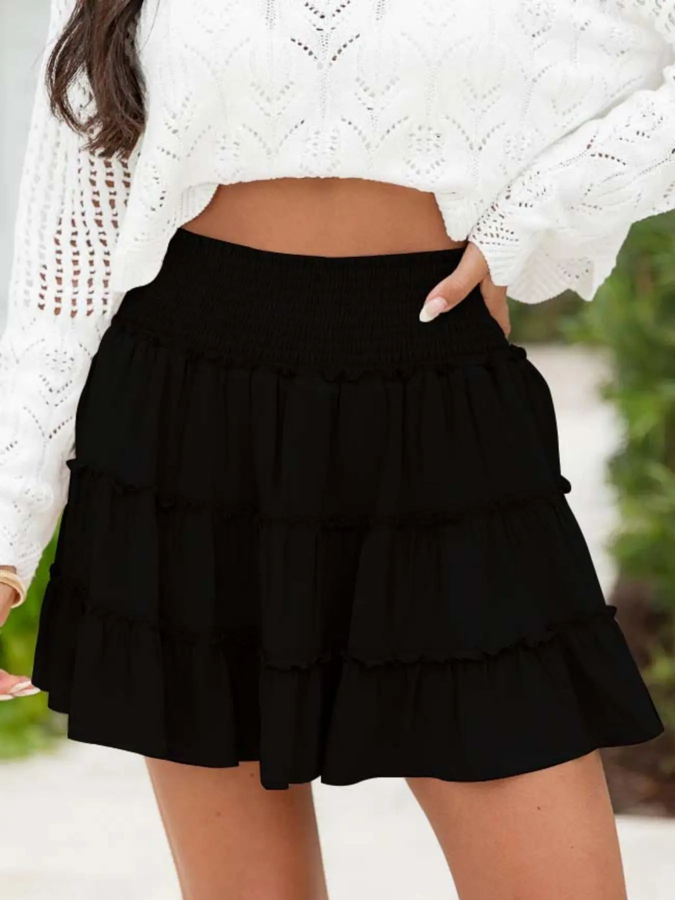 Women's 2 In 1 Frill Trim Ruffle Hem Shirred Skirt, Boho Fashion High Waist Short Skirt for Beach Holiday Vacation, Ladies Summer Clothes